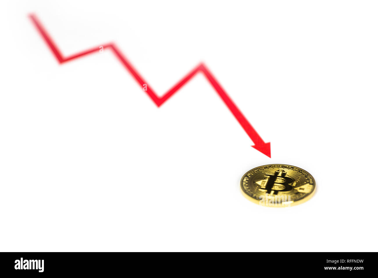 Cryptocurrency Bitcoin preis Crash und Tropfen wie ein Bär trend Konzept auf weißem Hintergrund Stockfoto
