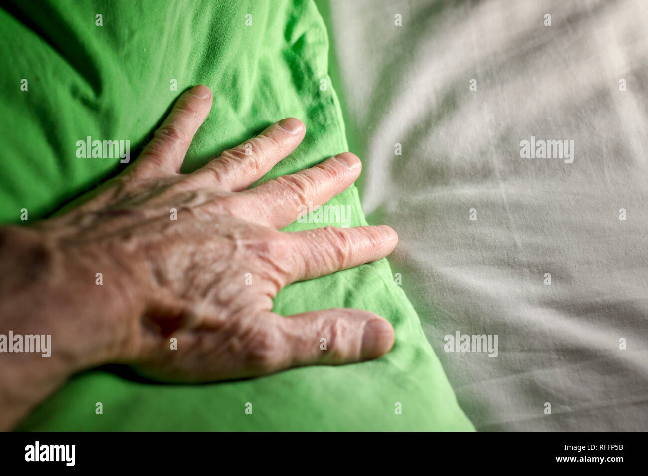 Erwachsene männliche leitende Hand auf grünen Kissen Stockfoto