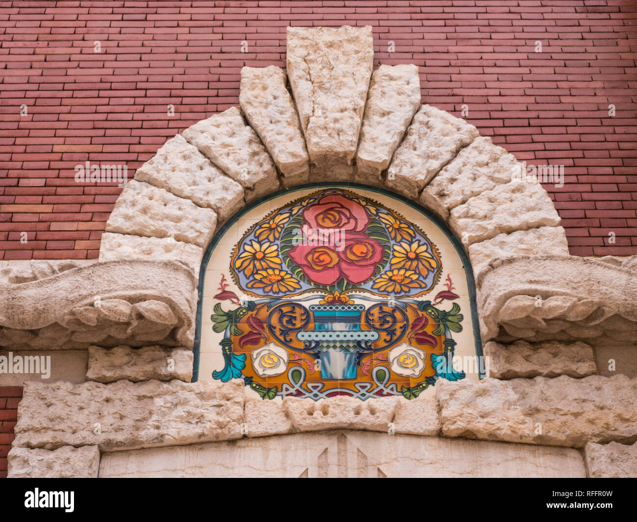 Fliese detail Der Mercado de la Doppelpunkt Valencia, Spanien Stockfoto