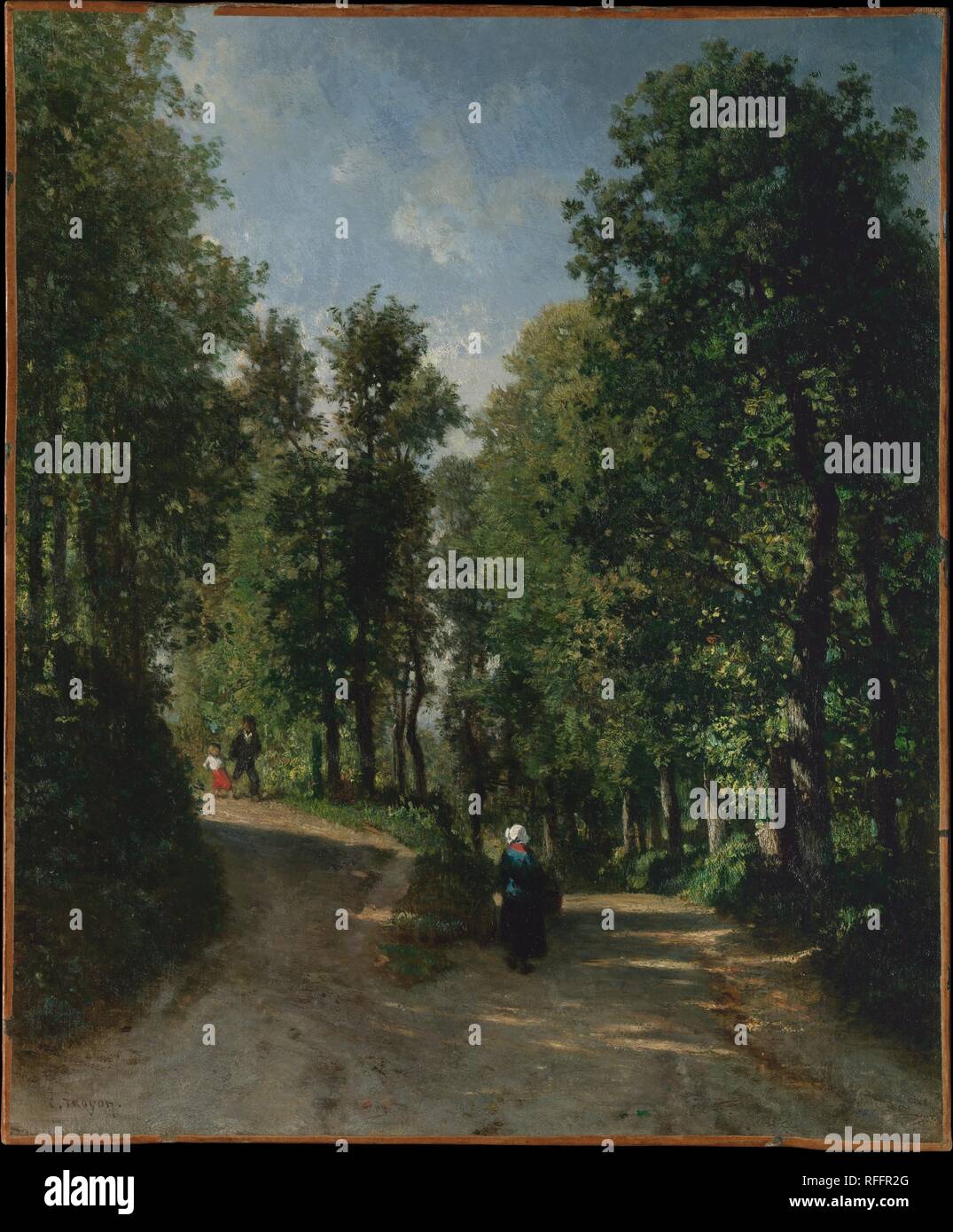 Weg in den Wald. Artist: Constant Troyon (Französisch, Sèvres 1810-1865 Paris). Abmessungen: 22 7/8 x 19 in. (58,1 x 48,3 cm). In diesem animierten Szene eines einfachen Dirt Track, das Auge ist gleichzeitig nach oben Led links und unten rechts. Troyon dieser doppelten Perspektive aus dem siebzehnten Jahrhundert holländische Landschaftsmalerei, die Vorhut der französischen Künstler seiner Generation studierte zu naturalistischen Alternativen zu den mehr Formalen, Italianate Modelle, die von der Akademie gefördert. Troyon das Eindringen von hellem Sonnenlicht durch die Baumkronen mit palpitating Brushwork, war r dargestellt Stockfoto