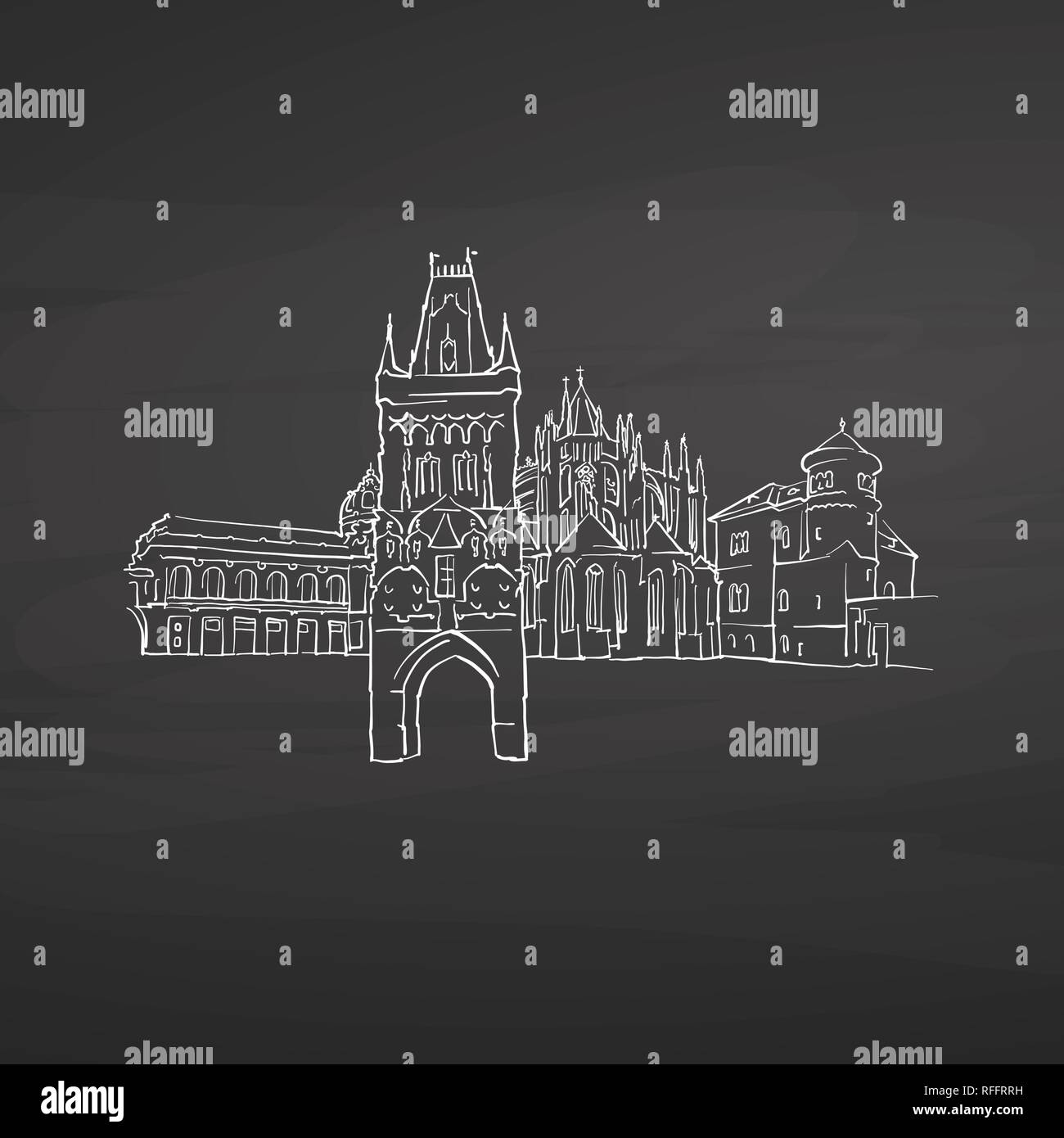 In Prag in der Tschechischen Republik Zeichen auf der Tafel. Digitale Kreide gezeichnet Vektor Skizze auf der Tafel. Europäische Hauptstädte Reiseziele. Stock Vektor