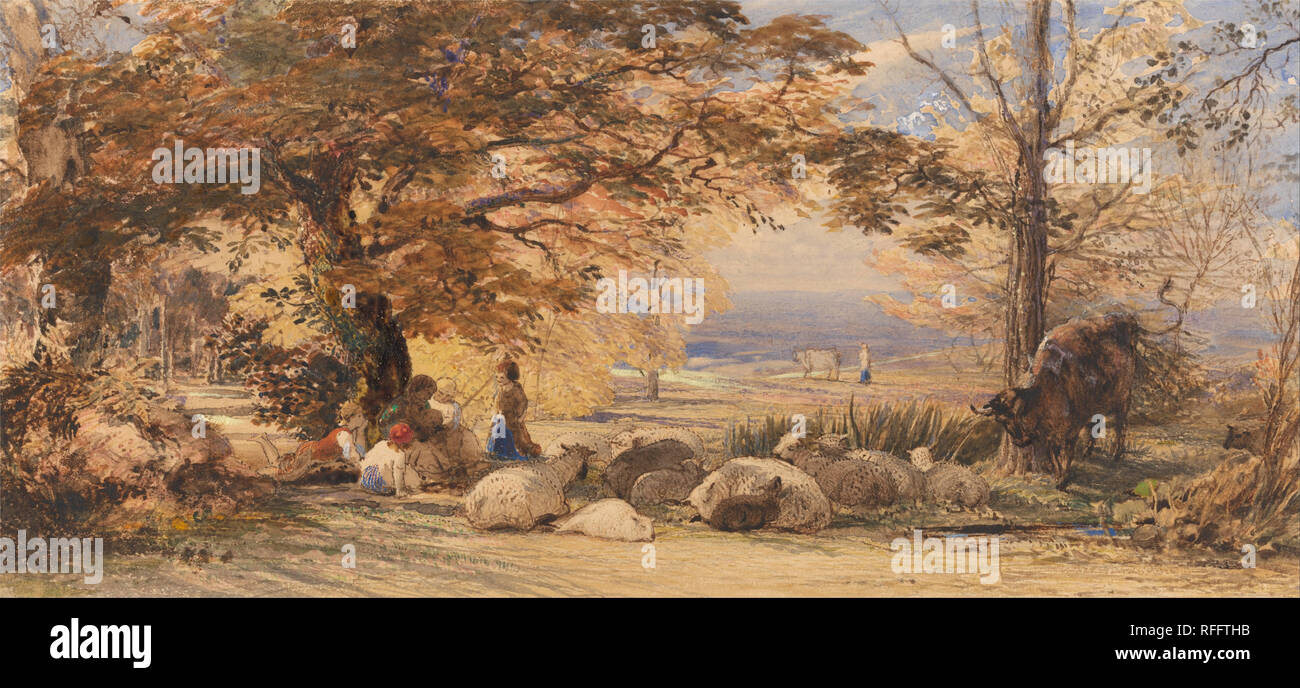 Rustikale Zufriedenheit. Landschaft. Aquarell und Gouache auf Medium, Creme, leicht strukturierte webte Papier. Höhe: 184 mm (7.24 in); Breite: 400 mm (15,74 in). Autor: Samuel Palmer. Stockfoto
