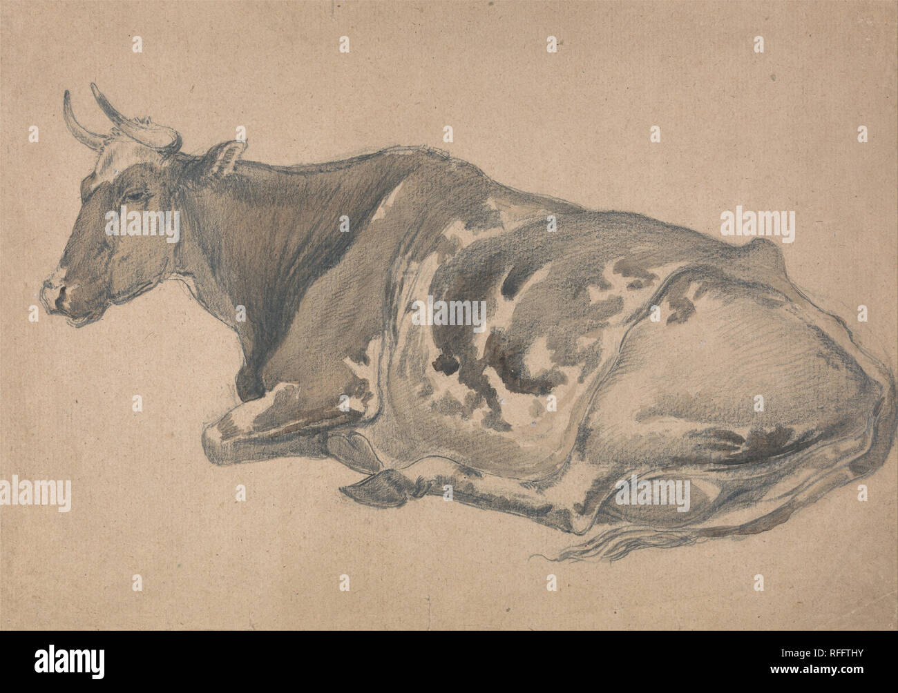 Studie von einer Kuh. Zeichnung. Graphit und braun Waschen auf Medium, mäßig strukturiertem, beige Bütten. Höhe: 267 mm (10.51 in); Breite: 381 mm (15 in.). Autor: James Ward. Stockfoto