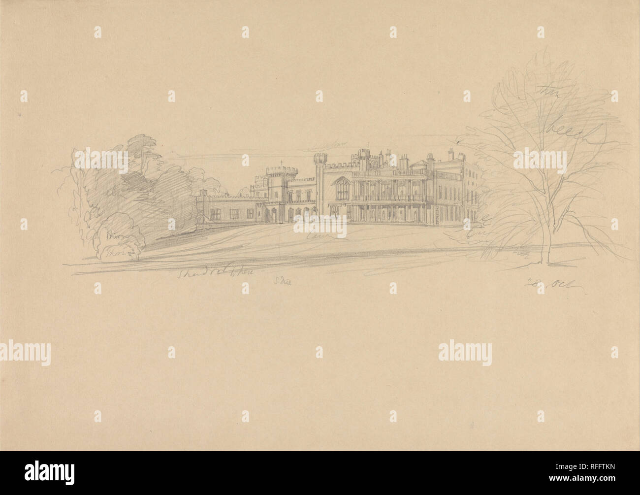 Knowsley Hall. Zeichnung. Graphit auf Dicke, mäßig strukturiertem, beige webte Papier. Höhe: 273 mm (10,74 in); Breite: 381 mm (15 in.). Autor: Edward Lear. Stockfoto
