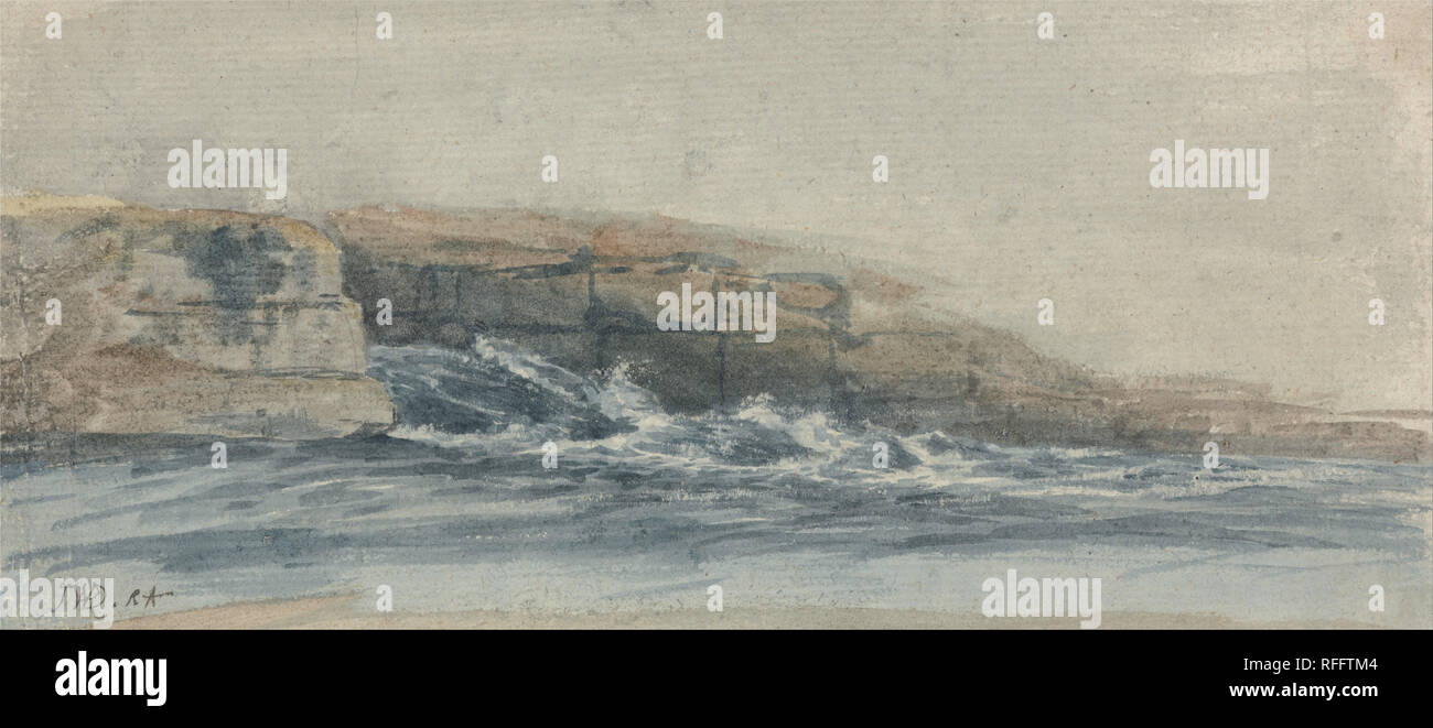 Meer brechen auf steinigen Felsen auf der linken Seite. Zeichnung. Aquarell auf Medium, mäßig strukturiertem, creme Bütten. Höhe: 140 mm (5.51 in); Breite: 311 mm (12.24 in). Autor: James Ward. Stockfoto