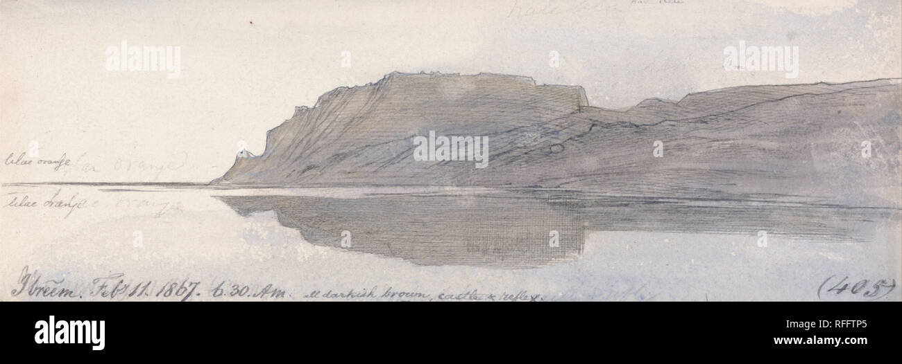 Ibreem, 6:30, 11. Februar 1867 (405). Datum/Zeitraum: 1867. Landschaft. Aquarell mit Feder in Grau Tinte, Graphit auf Dicke, mäßig strukturiertem, Creme webte Papier. Höhe: 86 mm (3.38 in); Breite: 252 mm (9,92 in). Autor: Edward Lear. Stockfoto