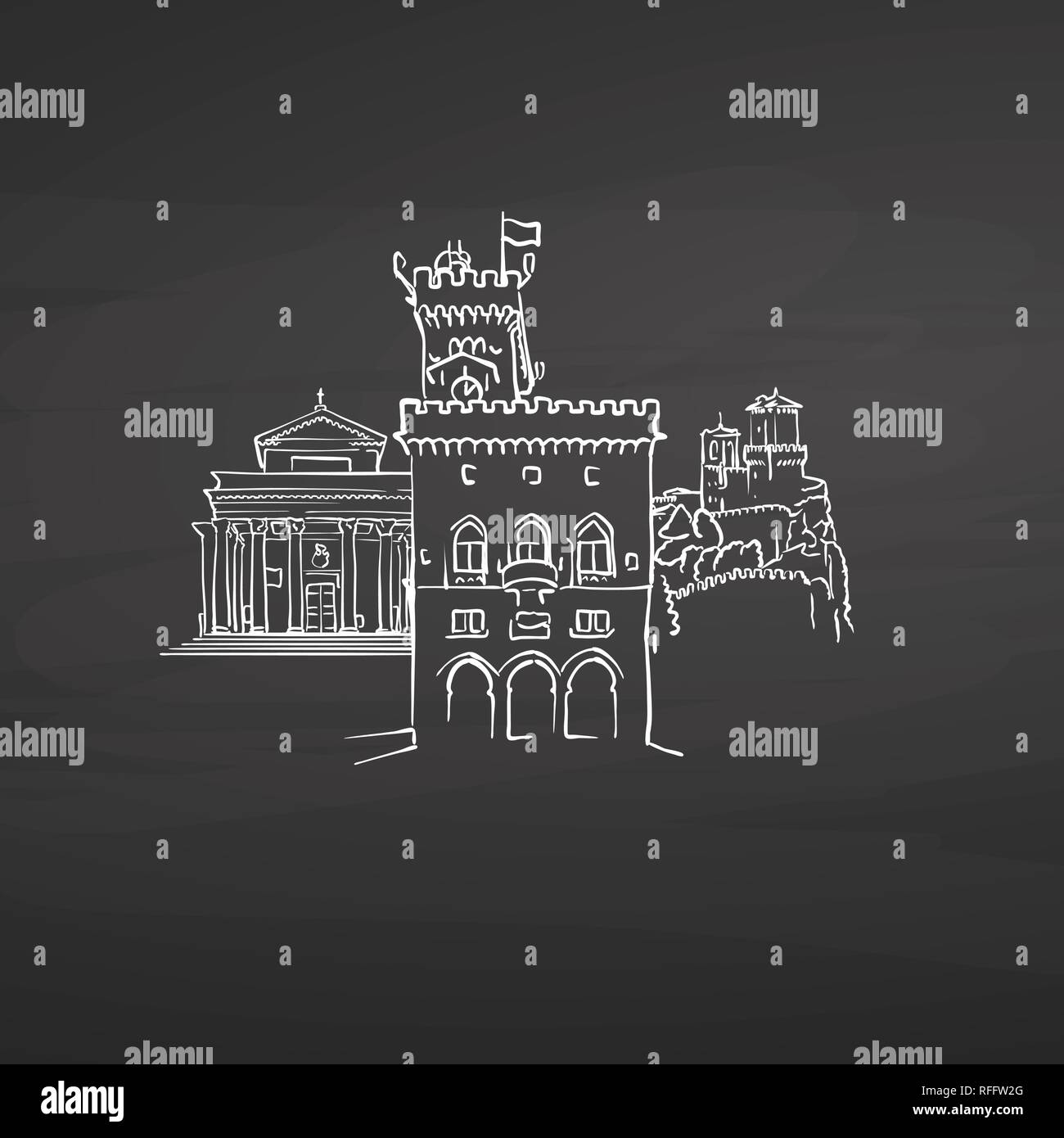 San Marino San Marino Zeichen auf der Tafel. Digitale Kreide gezeichnet Vektor Skizze auf der Tafel. Europäische Hauptstädte Reiseziele. Stock Vektor