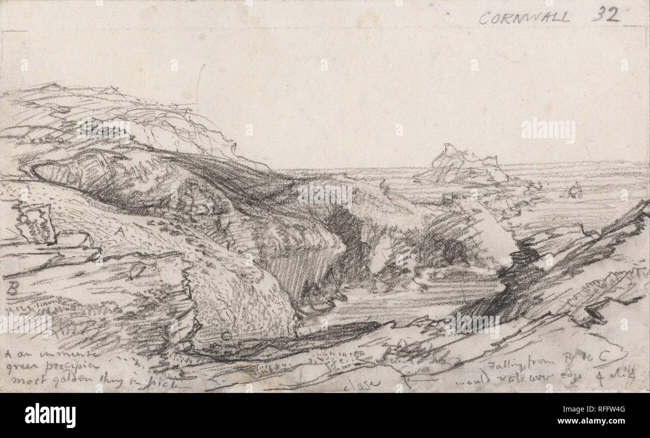 Eine Seite von einem sketchbook: Cornwall Cornwall 32. Landschaft. Graphit auf Medium, glatte, weiße webte Papier. Höhe: 108 mm (4.25 in); Breite: 178 mm (7 in). Autor: Samuel Palmer. Stockfoto