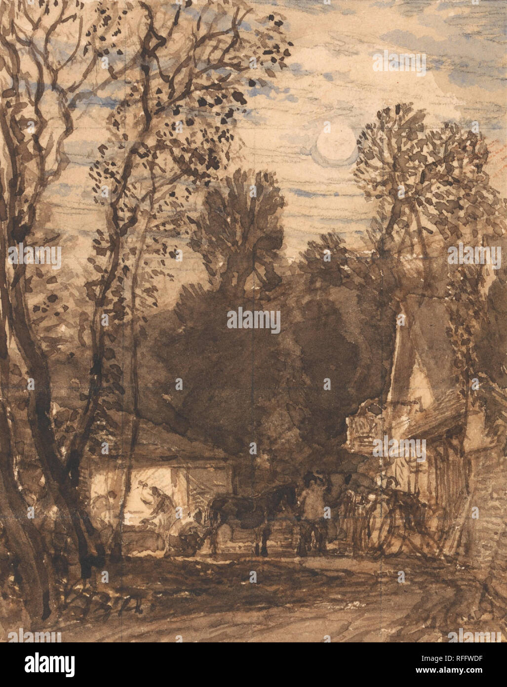 Die Schmiede. Malerei. Aquarell und Graphit auf Medium, mäßig strukturiertem, beige webte Papier. Höhe: 527 mm (20,74 in); Breite: 400 mm (15,74 in). Autor: Samuel Palmer. Stockfoto