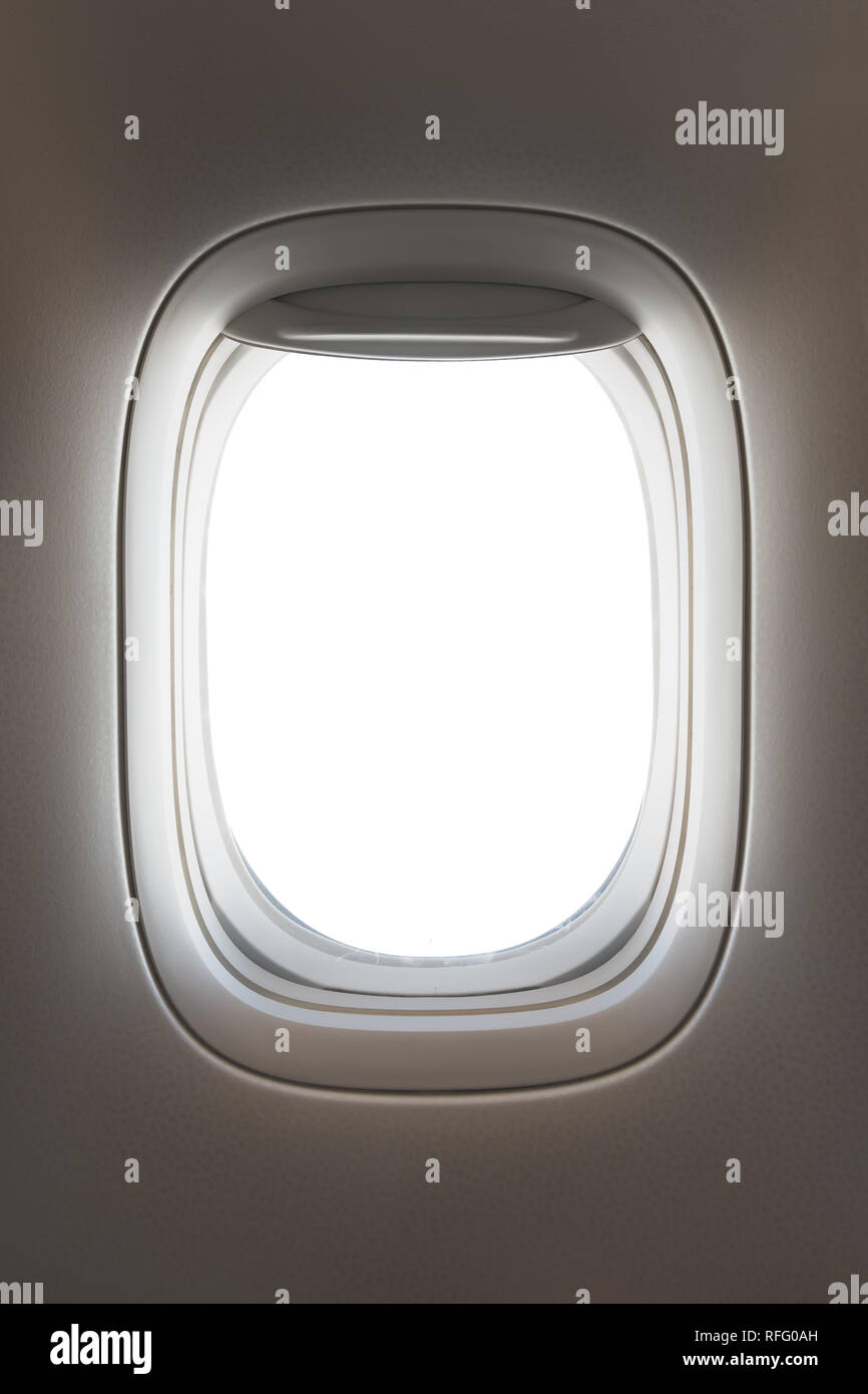 Durch einen großen Jet Passagierflugzeug Fenster, weißer Raum Stockfoto