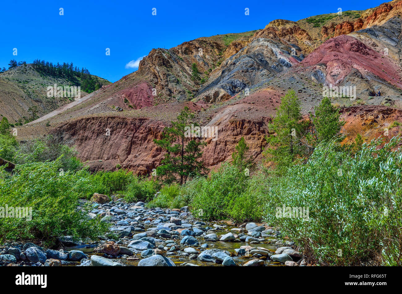 Blick auf unrealy schöne bunte Ton Klippen in Altai Gebirge, Russland. Sommer Landschaft, die Mars und Bach zwischen Steinen aufgerufen wird Stockfoto