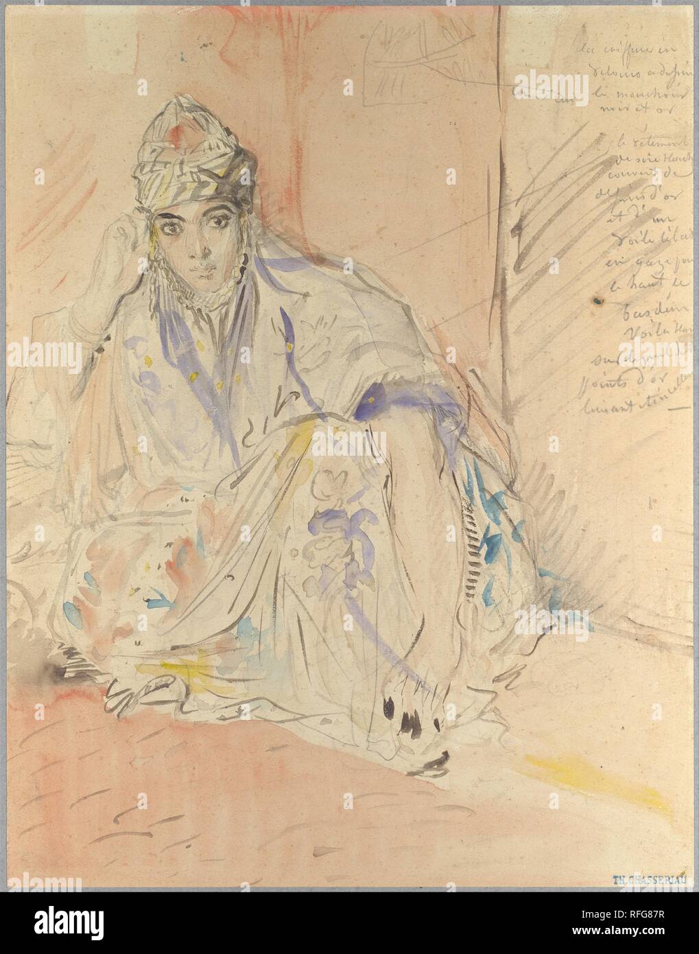 Jüdische Frau von Algier, sitzen auf dem Boden. Künstler: Théodore Chassériau (Französisch, Le Limon, Saint-Domingue, West Indies 1819-1856 Paris). Maße: Blatt: 11 3/4 x 9 1/8 in. (29,8 x 23,2 cm). Datum: Ca. 1846. Chassériau, einer der wichtigsten Vertreter der französischen Kunst des 19. Jahrhunderts - obwohl er nicht gut heute bekannt -- gefolgt von eugéne Delacroix (Französisch, 1798-1863) und andere, die nach Nordafrika als Antwort auf die vorherrschenden Vogue für exotische Themen gereist. Chassériau verbrachte mehrere Monate von 1846 in Constantine, Algerien, gut über tausend Skizzen, die hi bereitgestellt Stockfoto