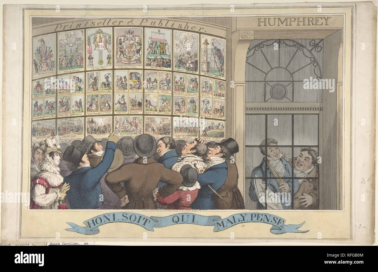 Choni. Soi. Qui. Mal. Y Pense: Die Karikatur Shop von G. Humphrey, 27 St. James's Street, London. Artist: Theodore Lane (Briten, Isleworth Ca. 1800-1828 London). Abmessungen: Platte: 11 13/16 x 16 7/8 in. (30 x 42,8 cm) Blatt: 11 7/8 x 18 9/16 in. (30,2 x 47,2 cm). Herausgeber: Veröffentlicht in London von George Humphrey (British, 1773?-?1831). Datum: August 12, 1821. Eine Masse von Ungestümen Londonern gezeigt Inspektion Satiren kritische von Königin Caroline, die Frau des vor kurzem gekrönten König George IV. Diese werden angezeigt, in der Bow-front Schaufenster von George Humphrey, ein Verleger, der i Stockfoto