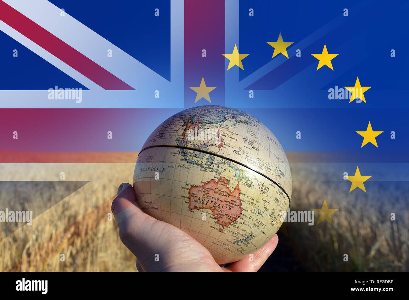 Brexit Konzept. Eine Hand mit einem Globus, Australien, Neuseeland und Südostasien in einem Feld von Sommer, Weizen und Gerste. Mit den Fahnen der Union J Stockfoto