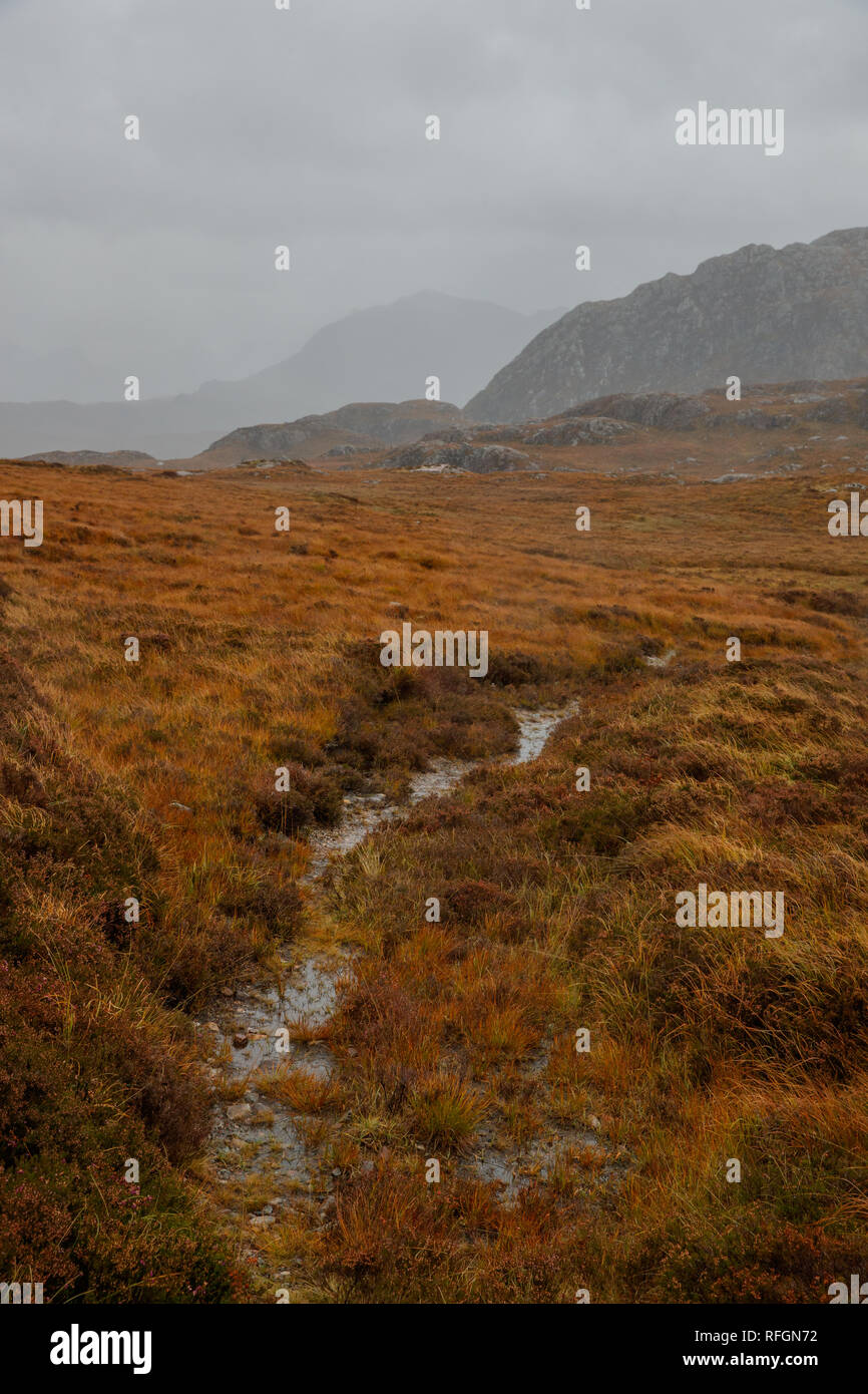 Eine Landschaft von einem kleinen Bach in der Nähe von Loch Tollaidh, Schottland Stockfoto