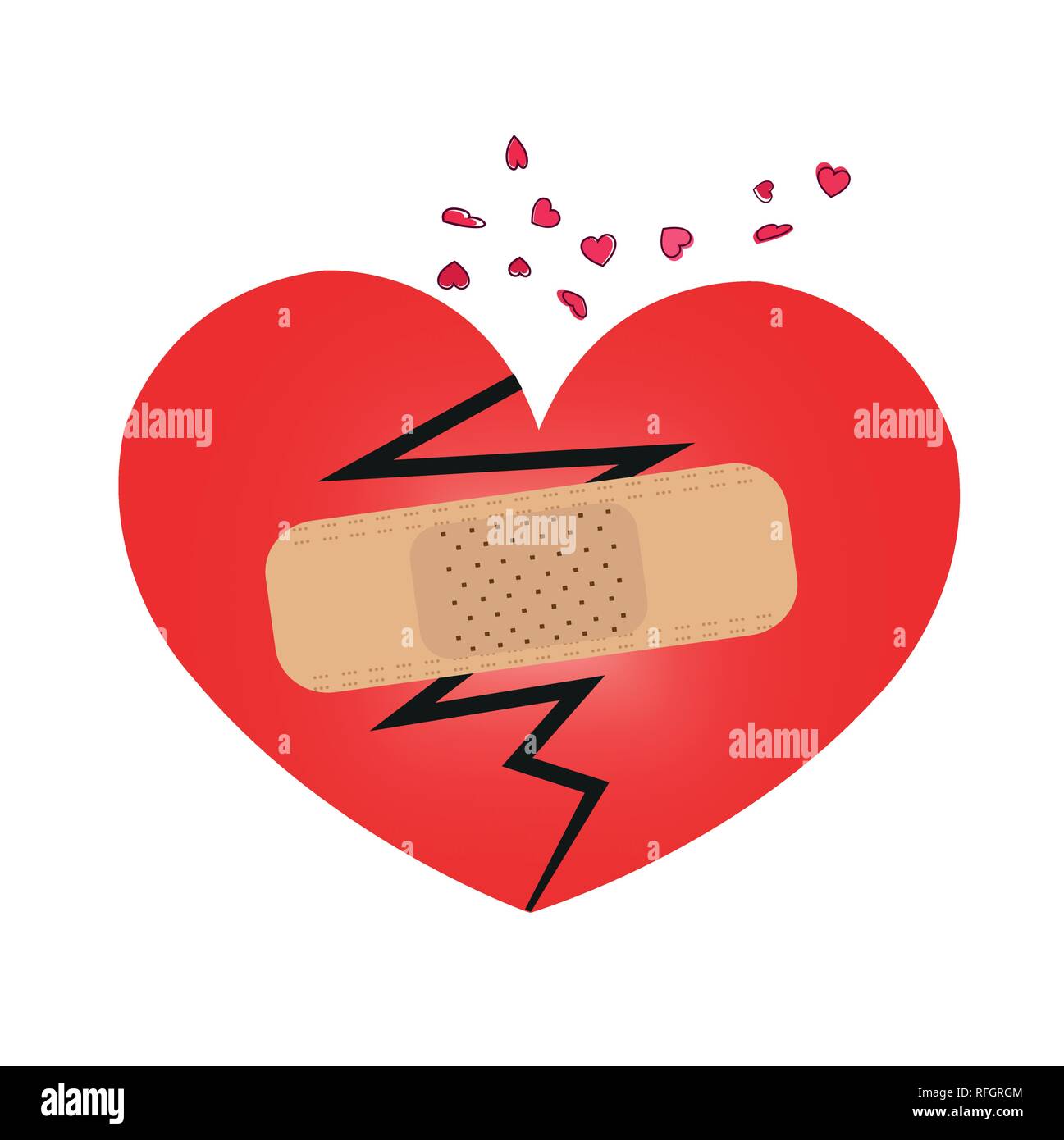 Gebrochenes Herz. Traurige Herzen und Gips. Valentinstag Grusskarten Stock Vektor