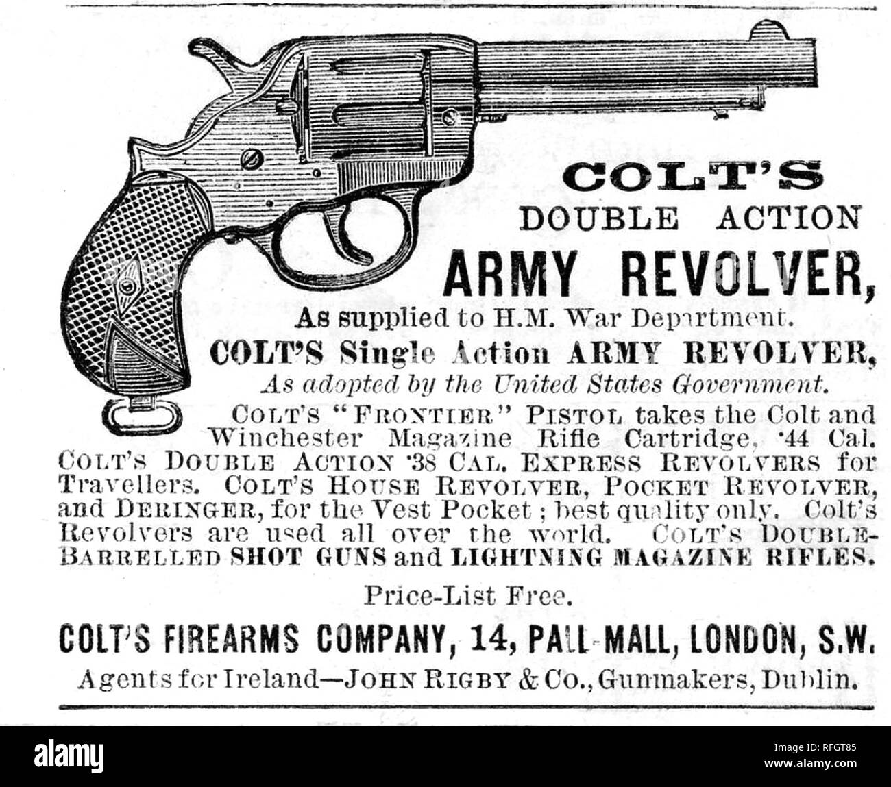 COLT M 1878 FRONTIER DOUBLE ACTION REVOLVER. UK Anzeige über 1912 Stockfoto