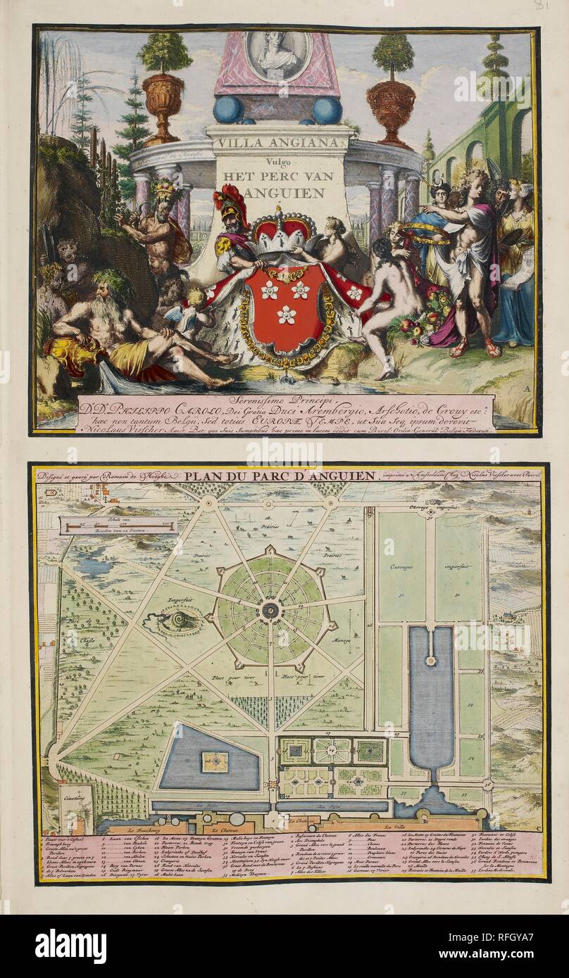 Villa Angiana. Eine Sammlung von 86 Pläne und Ansichten von Den Haag. Amsterdam, 1718. Villa Angiana, gemeinhin als der Park bekannt in Enghien (Ca. 1685). Auf dieser Titelseite, die Arme von Enghien des Eigentümers, der Herzog von Aremberg, werden durch klassische Götter einschließlich Apollo und seine Schwester Artemis, die Göttin der Jagd flankiert, während eine andere Göttin, tragen die Flügel des Hermes, der Bote, ein Garten Plan hält. Es gibt einen Satyr und ein Fluss Gott auf der anderen Seite und darunter eine Widmung an den Herzog. Unten gibt es einen ausführlichen Plan des Parks. Der Plan identifiziert die wichtigsten Merkmale der Garten und zeigt Stockfoto