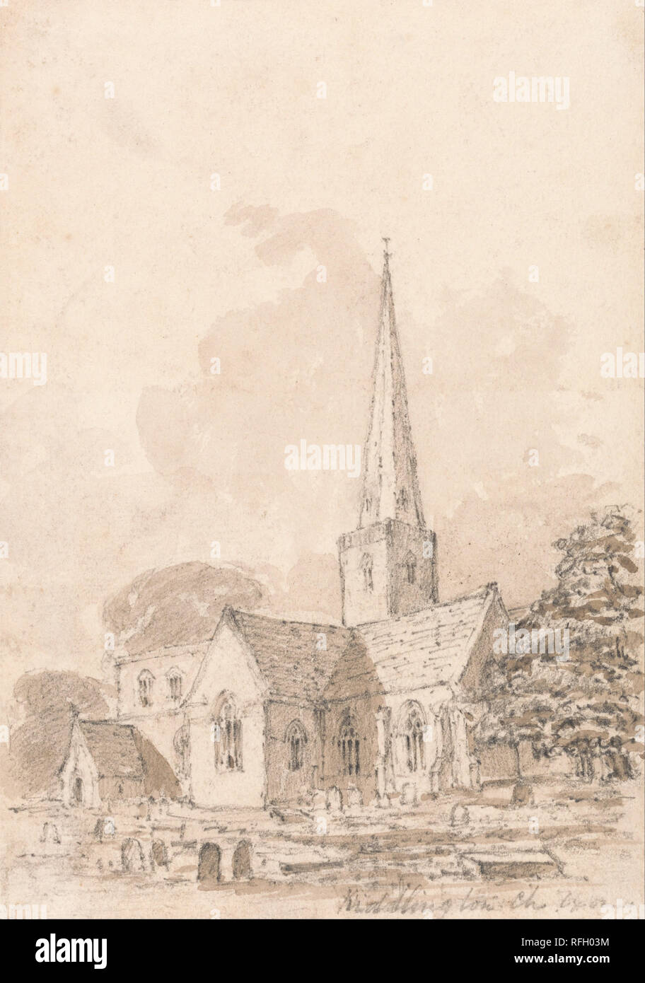 Kiddlington Kirche, Oxfordshire. Zeichnung. Graphit und braun Waschen auf Medium, mäßig strukturiertem, Creme webte Papier. Höhe: 194 mm (7.63 in); Breite: 140 mm (5.51 in). Autor: unbekannter Künstler. Stockfoto