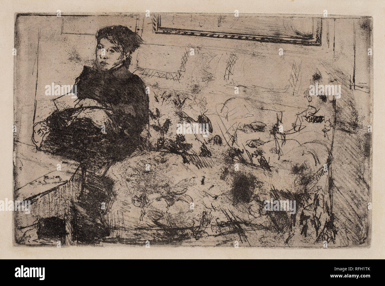 Interieur: Auf dem Sofa. Vom: C. 1883. Abmessungen: Platte: 14 x 21,4 cm (5 1/2 x 8 7/16 in.) Blatt: 17,2 x 27 cm (6 3/4 x 10 5/8 in.). Medium: softground Ätzen in Schwarz auf Webte Papier. Museum: Nationalgalerie, Washington DC. Autor: Mary Cassatt. Stockfoto
