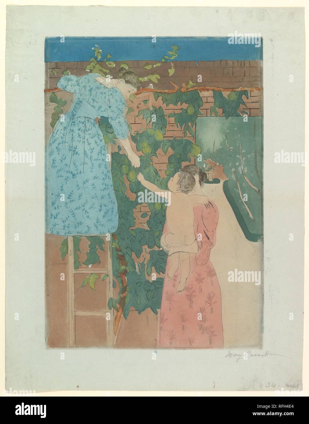 Sammeln von Früchten. Artist: Mary Cassatt (Amerikanische, Pittsburgh, Pennsylvania 1844-1926 Le Mesnil-Théribus herum, Oise). Abmessungen: Platte: 16 3/4 x 11 11/16 in. (42,5 x 29,7 cm) Blatt: 20 1/2 x 15 7/8 in. (52,1 x 40,3 cm). Datum: Ca. 1893. Museum: Metropolitan Museum of Art, New York, USA. Stockfoto