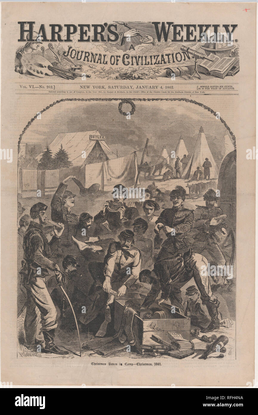 Weihnachten Boxen in Camp - Weihnachten 1861 (Harper's Weekly, Bd. VI). Artist: Winslow Homer (Amerikanische, Boston, Massachusetts 1836-1910 Prouts Hals, Maine). Abmessungen: Bild: 10 7/8 x 9 1/8 in. (27,6 x 23,2 cm) Blatt: 15 9/16 x 10 5/8 in. (39,5 x 27 cm). Herausgeber: Harper's Weekly (American, 1857-1916). Datum: Januar 4, 1862. Museum: Metropolitan Museum of Art, New York, USA. Stockfoto