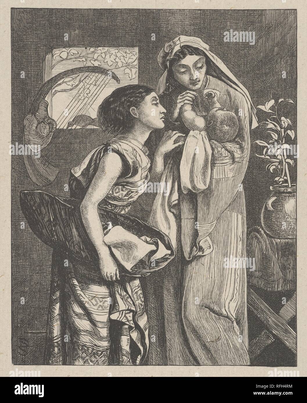 Der Säugling Mose (Dalziels "Bibel Galerie). Artist: Simeon Solomon (Briten, London 1840-1905 London). Abmessungen: Bild: 5 1/2 x 4 7/16 in. (13,9 × 11,2 cm) Indien Blatt: 7 5/8 x 6 5/16 in. (19,4 x 16 cm): 16 7/16 in. × 12 15/16 in. (41,8 × 32,8 cm). Engraver: Dalziel Brüder (British, 1839-1893) aktiv. Drucker: Camden Drücken Sie (Briten, London). Verlag: Scribner und Welford (New York, NY). Datum: 1863-81. Dieses Holz Gravur ist ein Öl mit dem Titel 'Moses', die Salomo, der an der Royal Academy im Jahr 1860 ausgestellt (jetzt Delaware Art Museum), als er nur 19. Teil des zweiten g Stockfoto