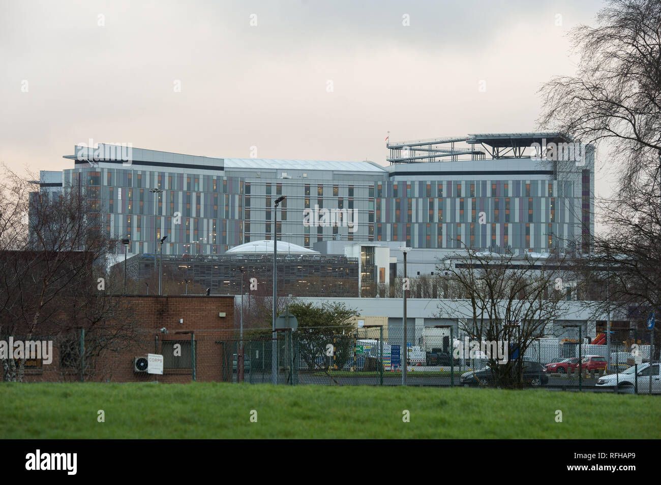 Glasgow, Schottland, Großbritannien. 25. Januar 2019. Verschiedene Szenen mit verschiedenen Ansichten um von der Queen Elizabeth University Hospital. Es wurden 2 Patienten Todesfälle berichtete vor kurzem, die es geglaubt wird, sind Infektionen durch Taubenkot vertraglich verbunden. Credit: Colin Fisher/Alamy leben Nachrichten Stockfoto