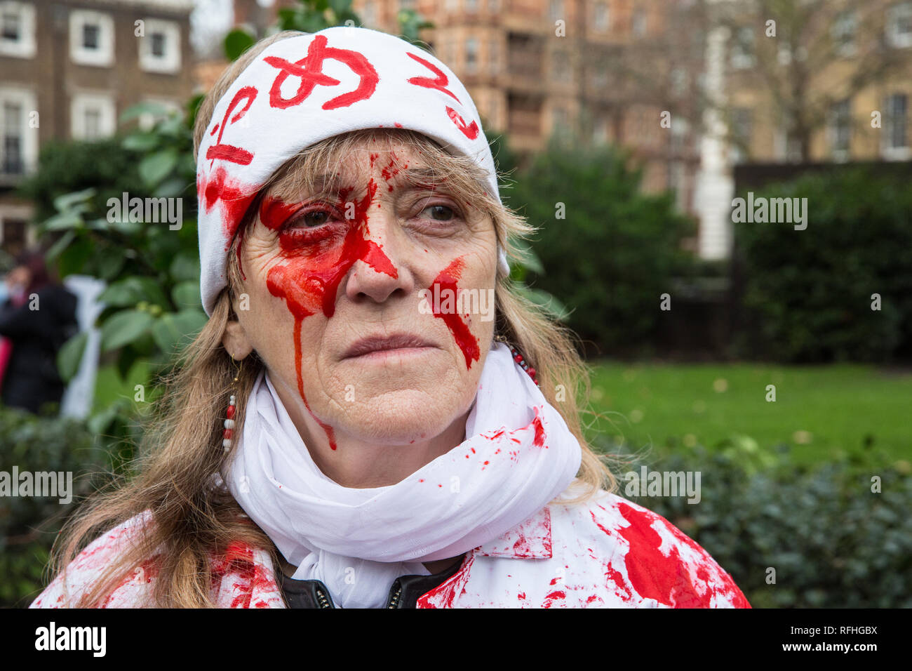 London, Großbritannien. 26. Januar, 2019. Ein Tier Menschenrechtler getüncht mit roter Farbe bereitet Teil in Japan zu nehmen: Kein Walfang März von Cavendish Square an der Japanischen Botschaft von Japan Ankündigung, ziehen Sie sie von der Internationalen Walfangkommission (IWC) und wieder auf den kommerziellen Walfang mit Wirkung vom Juli 2019. Im März wurde von der Londoner Komitee für die Abschaffung des Walfangs organisiert. Credit: Mark Kerrison/Alamy leben Nachrichten Stockfoto