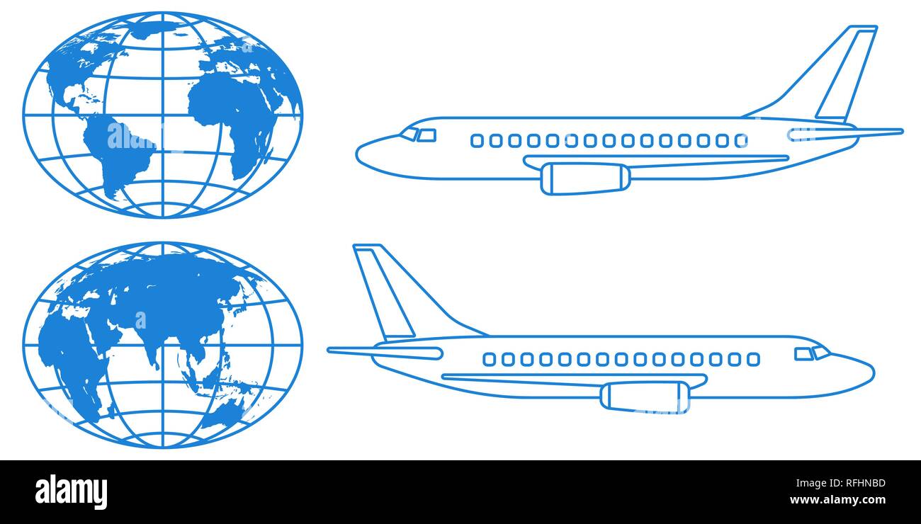 Abbildung der Kontur, Flugzeuge und Globen. Elemente dieses Bild von der NASA eingerichtet. Quelle der Karte: http://visibleearth.nasa.gov/view.php?id Stock Vektor