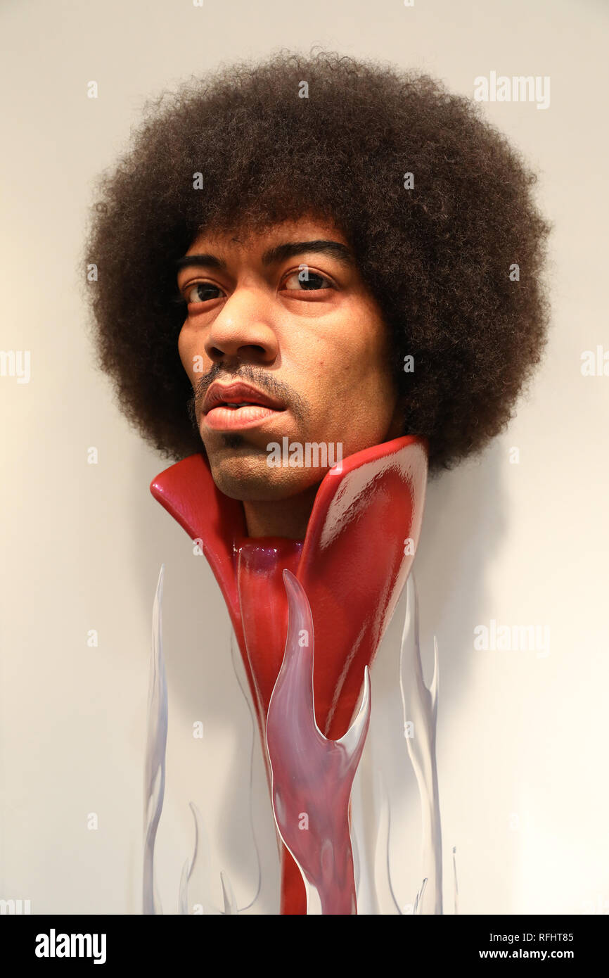 Hyper-real portrait Skulptur von Jimi Hendrix von kazuhiro Tsuji im LA Art Show im Los Angeles Convention Center. Stockfoto