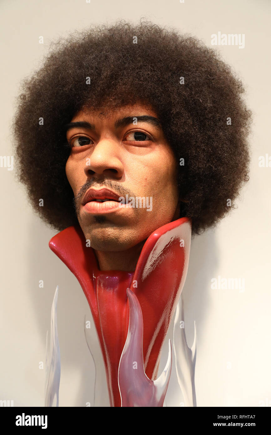 Hyper-real portrait Skulptur von Jimi Hendrix von kazuhiro Tsuji im LA Art Show im Los Angeles Convention Center. Stockfoto