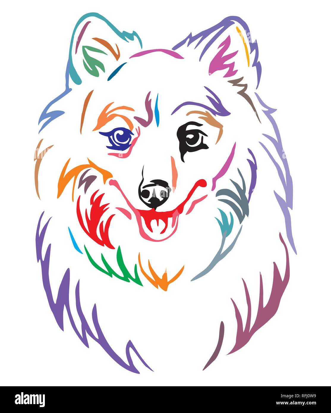 Bunt dekorativ Umrisse Portrait von Hund Japan Spitz, Vector Illustration in verschiedenen Farben auf weißem Hintergrund. Bild für Design und Stock Vektor
