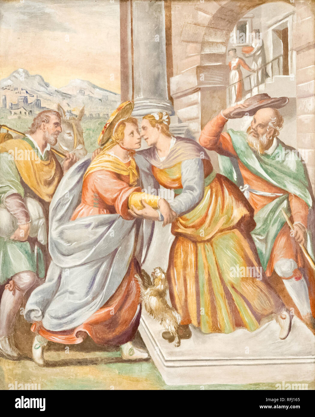 Das Fresko der Heimsuchung der Jungfrau Maria zu Elisabeth in der Salesianer von Don Bosco Kirche Santa Maria delle Grazie" - Heilige Maria der Gnade. Stockfoto