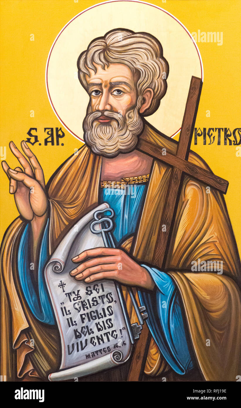 Das Symbol des Heiligen Petrus (Simon) in "Chiesa dei Santi Gervasio e Protasio Martiri' Stockfoto
