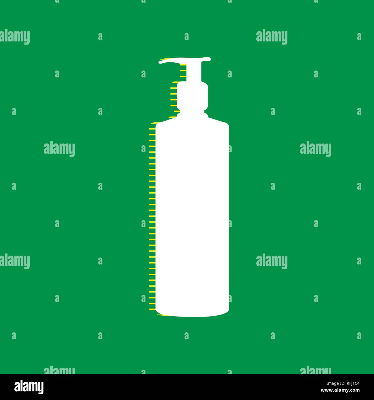 Gel, Schaum oder flüssige Seife. Dispenser Pumpe Plastikflasche Silhouette. Vektor. Weißen flachen Symbol mit gelb gestreiften Schatten auf grünem Hintergrund. Stock Vektor