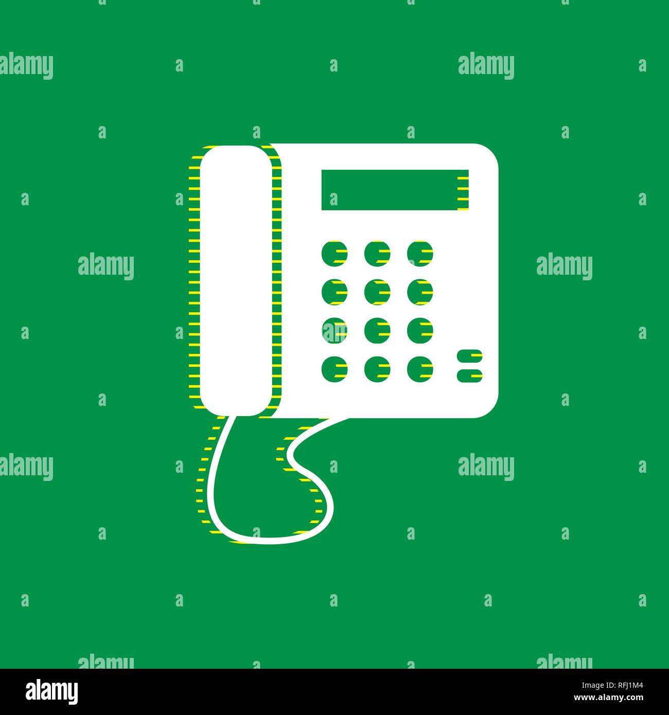 Kommunikation oder Telefon anmelden. Vektor. Weißen flachen Symbol mit gelb gestreiften Schatten auf grünem Hintergrund. Stock Vektor