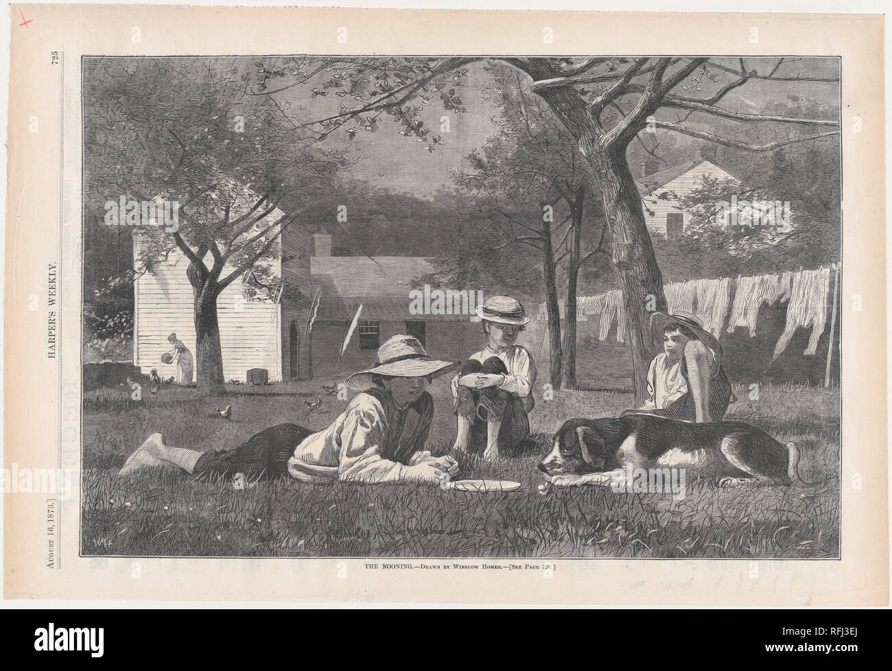 Die Nooning - Gezeichnet von Winslow Homer (Harper's Weekly, Vol. XVII). Artist: Winslow Homer (Amerikanische, Boston, Massachusetts 1836-1910 Prouts Hals, Maine). Abmessungen: Bild: 9 x 13 cm. (22,9 x 34,9 cm) Blatt: 10 11/16 x 15 15/16 in. (27,1 x 40,5 cm). Herausgeber: Harper's Weekly (American, 1857-1916). Datum: August 16, 1873. Museum: Metropolitan Museum of Art, New York, USA. Autor: Winslow Homer. Nach Winslow Homer. Stockfoto