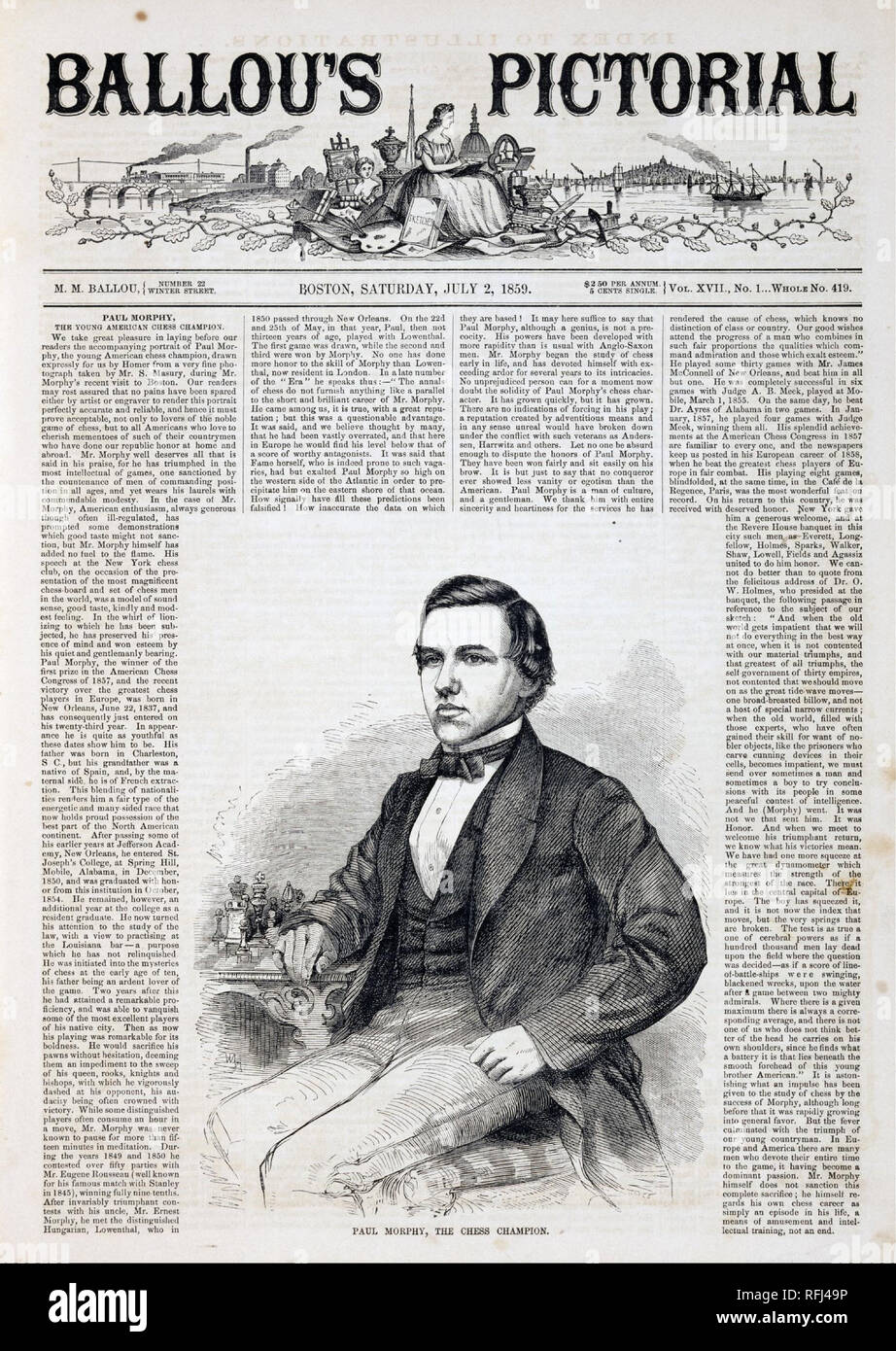 Paul Morphy, der Chess Champion. Datum/Zeitraum: 1859. Holzstich. Breite: 27,5 cm. Höhe: 38,4 cm (Blatt). Autor: Winslow Homer. Stockfoto