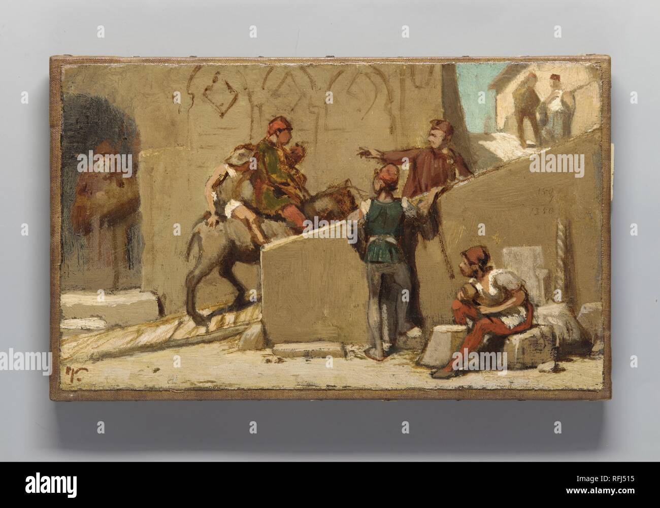 Die Fabel von der Müller, seinen Sohn, und der Esel Nr. 5. Artist: Elihu Vedder (American, New York 1836-1923 Rom). Abmessungen: 6 1/2 x 10 3/4 in. (16,5 x 27,3 cm). Datum: Ca. 1867-68. Vedder ist am besten für seine visionäre Gemälde, klassischen und allegorische Anspielungen, die Ausgangsstoffe für die Symbolistische Bewegung in den Vereinigten Staaten enthalten. Diese Serie von Gemälden, jedoch hat ein literarisches Thema auf einen bestimmten Text - Aesop's Fabel "die Miller, sein Sohn und der Esel". Vedder verwendet seine geliebten Italien als Einstellung der klassischen Fabel, in der eine Glücklose Miller und sein Sohn versuchen, Stockfoto