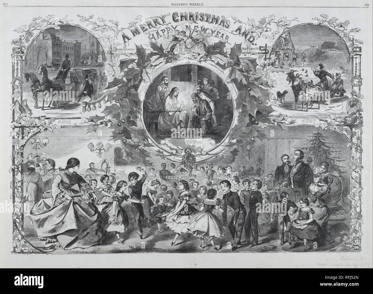 Frohe Weihnachten und einen guten Rutsch ins neue Jahr. Datum/Zeitraum: 1859. Holzstich. Breite: 54,8 cm. Höhe: 40,2 cm (Blatt). Autor: Winslow Homer. Stockfoto