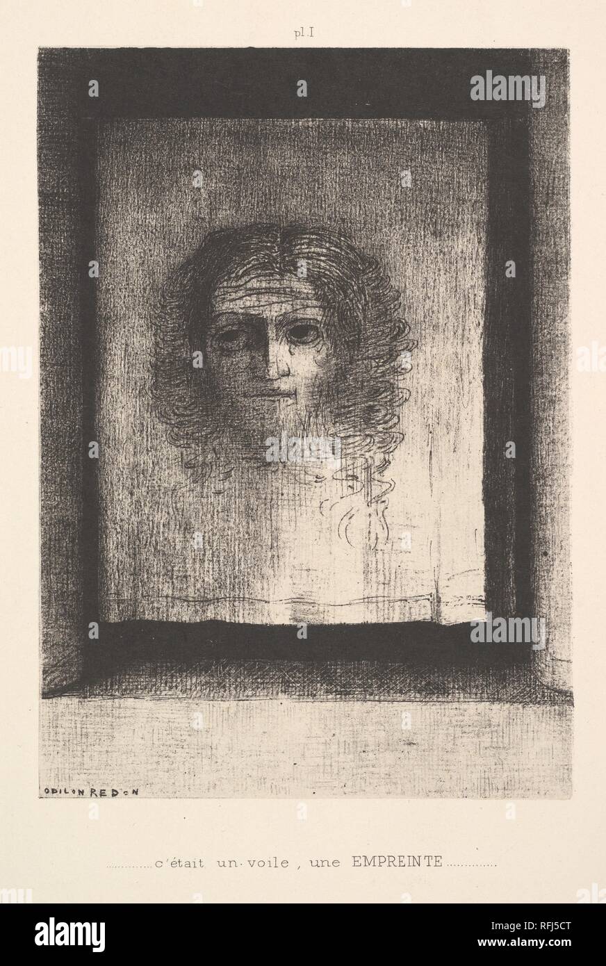 Ein Schleier, ein gedrucktes Bild. Künstler: Odilon Redon (Französisch, Bordeaux, Paris 1840-1916). Dedicatee: Eingeweiht Armand Clavaud (Französisch). Maße: Blatt: 17 5/8 x 12 5/16 in. (44,8 x 31,3 cm) Bild: 7 3/8 x 5 1/4 in. (18,7 x 13,3 cm). Serie/Portfolio: Träume (SONGES); grau Papier Abdeckung mit Druckt eingereicht lautet: Songes / à la mémoire de mon ami Armand Clavaud/Odilon Redon/1891. Datum: 1891. Museum: Metropolitan Museum of Art, New York, USA. Stockfoto