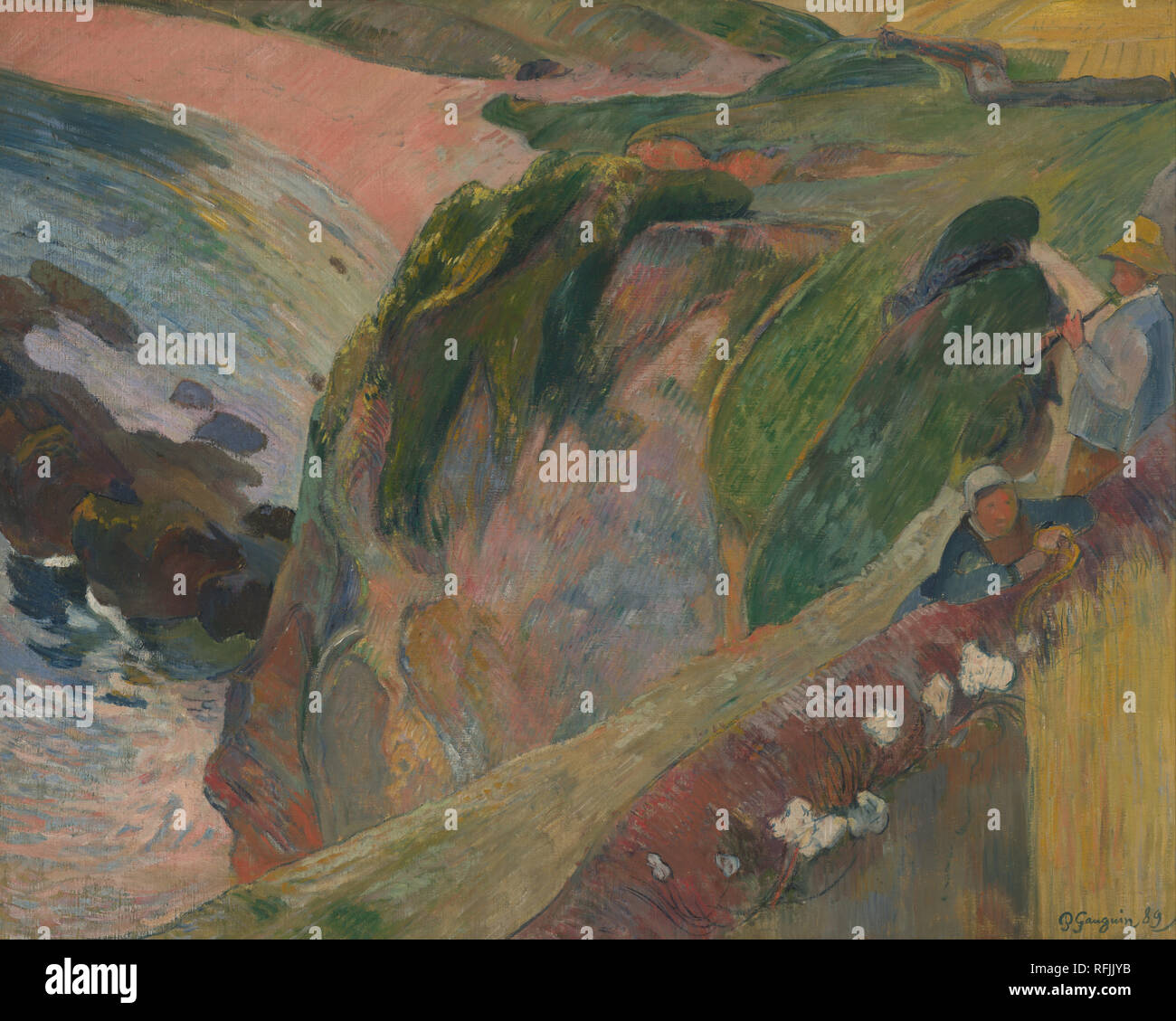 Le jouer de Flageolett/Das flageolett Spieler auf der Klippe. Datum/Zeitraum: 1889. Ölgemälde. Öl auf Leinwand. Höhe: 27.9 in (70,9 cm), Breite: 35,9, (91,2 cm). Autor: Paul Gauguin. Gauguin, Paul Eugéne Henri. Stockfoto