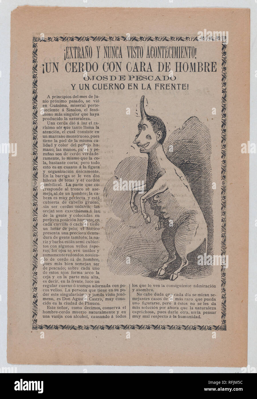 Prospekt über die Launen der Natur, über Recht, ein Wesen, das halb Mensch und halb Schwein mit einem einzigen Horn. Artist: José Guadalupe Posada (Mexikanisch, 1851-1913). Maße: Blatt: 11 13/16 x 7 7/8 in. (30 × 20 cm). Datum: ca 1900. Museum: Metropolitan Museum of Art, New York, USA. Stockfoto