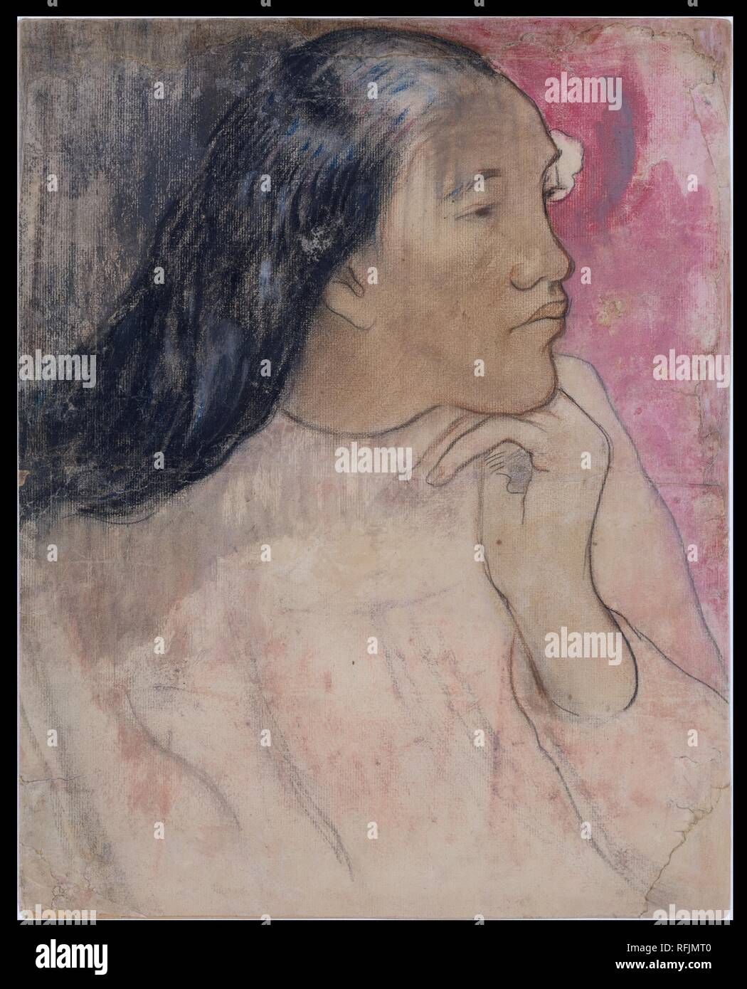 Tahitianischen Frau mit einer Blume im Haar. Artist: Paul Gauguin (Französisch, Paris 1848-1903 Atuona, Hiva Oa, Marquesas Inseln). Abmessungen: 15 3/8 x 11 7/8 in. (39 x 30,2 cm). Datum: 1891-92. Museum: Metropolitan Museum of Art, New York, USA. Stockfoto