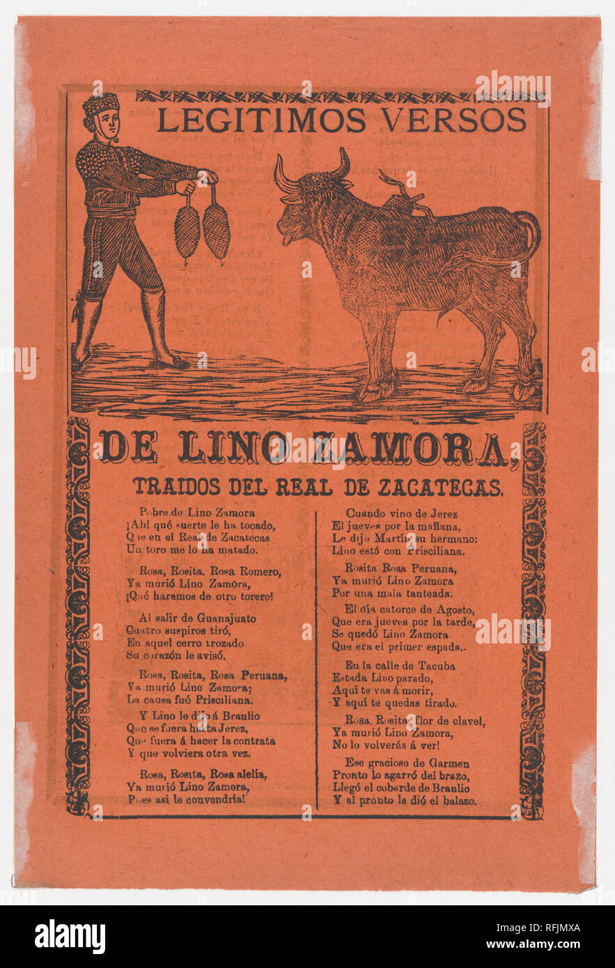 Breitseite mit auf der recto, die legitimen Verse von Lino Zamora brachte von Real de Zacatecas (Bild der Torero und Stier durch Manilla) und eine Beerdigung Szene auf Verso (? Posada). Artist: José Guadalupe Posada (Mexikanisch, 1851-1913); Manuel Manilla (Mexiko, Mexico City Ca. 1830-1895 Mexiko Stadt). Maße: Blatt: 11 13/16 x 7 7/8 in. (30 × 20 cm). Drucker: Antonio Vanegas Arroyo (1850-1917, Mexikanisch). Datum: 1902 (veröffentlicht). Museum: Metropolitan Museum of Art, New York, USA. Stockfoto