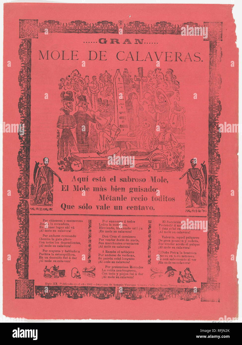 Die grand Skelett maulwurf maulwurf, Skelette Essen und Trinken in einem Friedhof (Posada); flankiert von Skeletten holding Sensen (Manila). Artist: José Guadalupe Posada (Mexikanisch, 1851-1913); Manuel Manilla (Mexiko, Mexico City Ca. 1830-1895 Mexiko Stadt). Maße: Blatt: 15 3/4 in. × 12 in. (40 × 30,5 cm). Herausgeber: Antonio Vanegas Arroyo (1850-1917, Mexikanisch). Datum: 1902. Museum: Metropolitan Museum of Art, New York, USA. Stockfoto