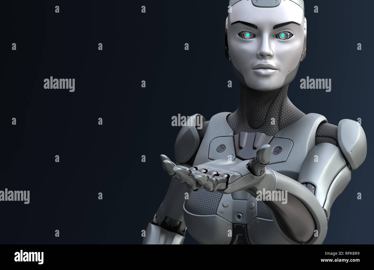 Roboter seine Hand zu geben. 3D-Darstellung Stockfoto