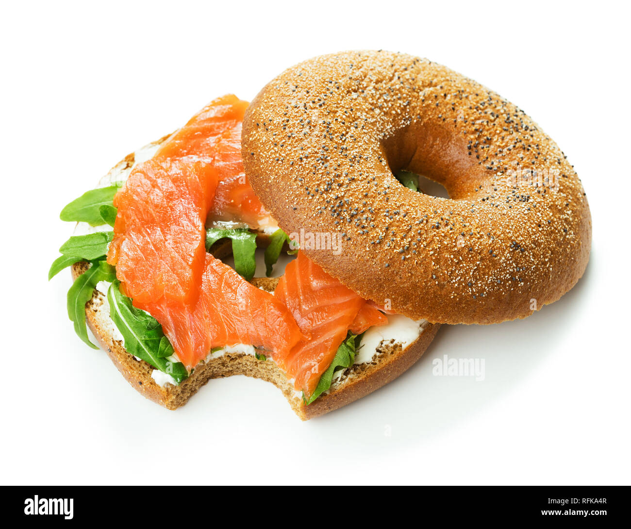 Bagel mit Lachs und Käse sandwich Creme auf weißem Hintergrund Stockfoto