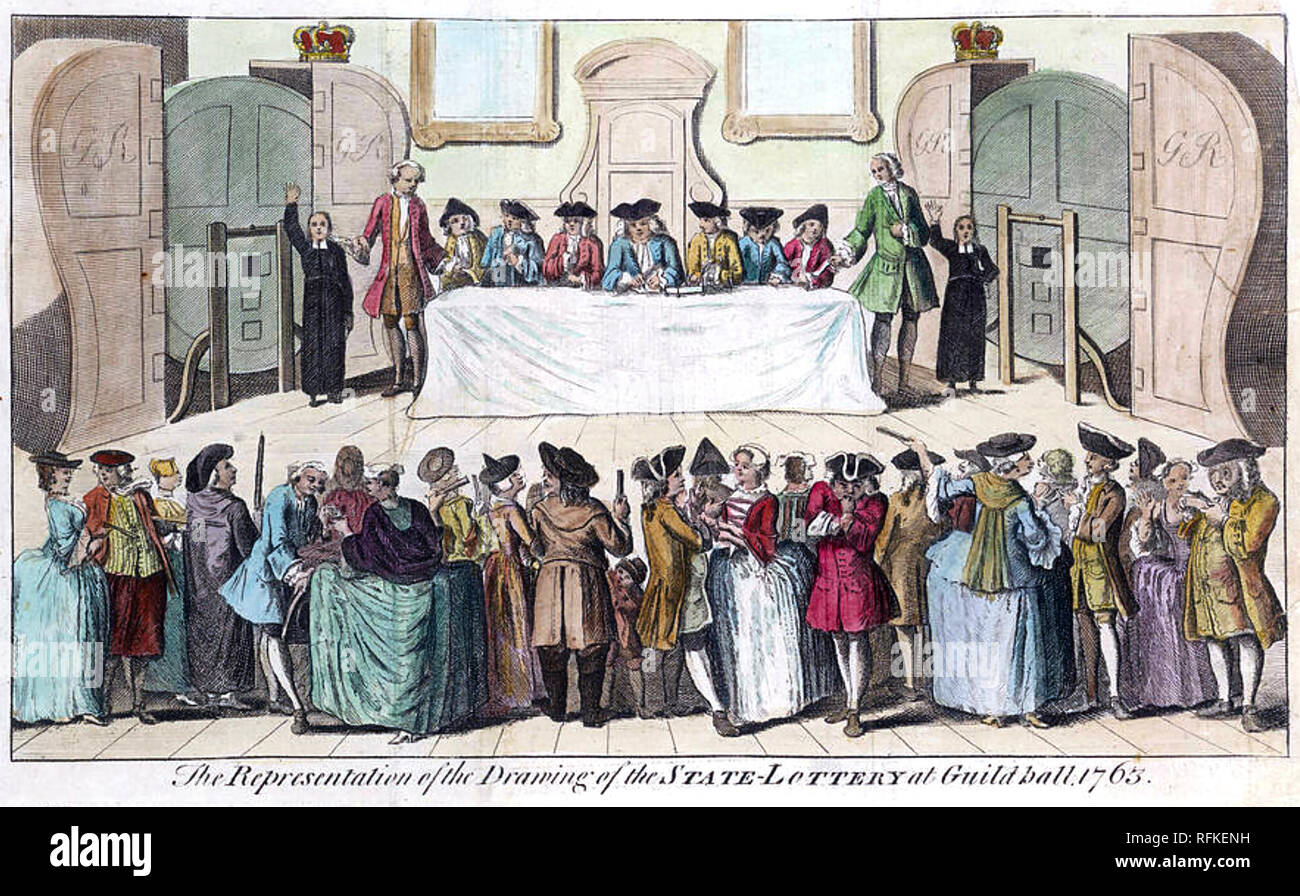 Zeichnung der staatlichen Lotterie ein 1763 Gravur Übersicht die Auslosung Stattfinden am Royal Exchange. Stockfoto